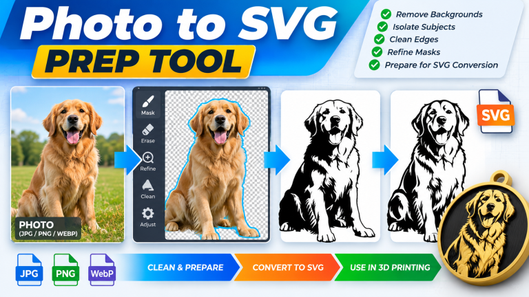 Photo to SVG Prep Tool showing a photo being cleaned, isolated and prepared for SVG conversion and 3D printing