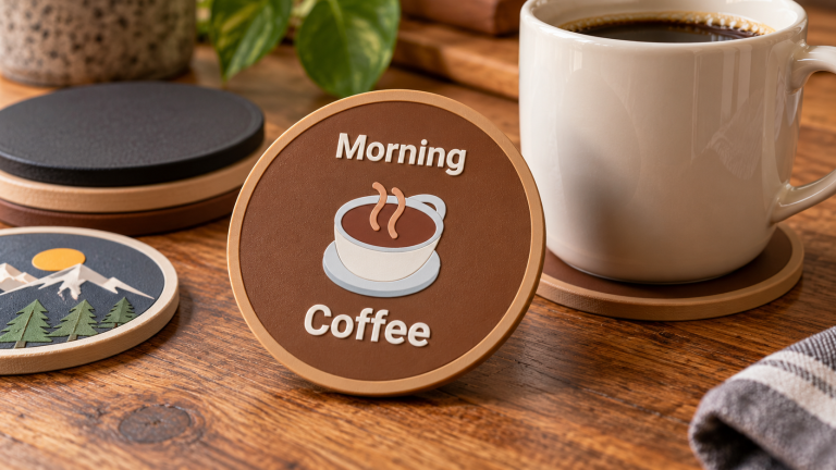 Custom 3D printed coffee coaster with “Morning Coffee” text and coffee cup artwork displayed beside a mug on a wooden table