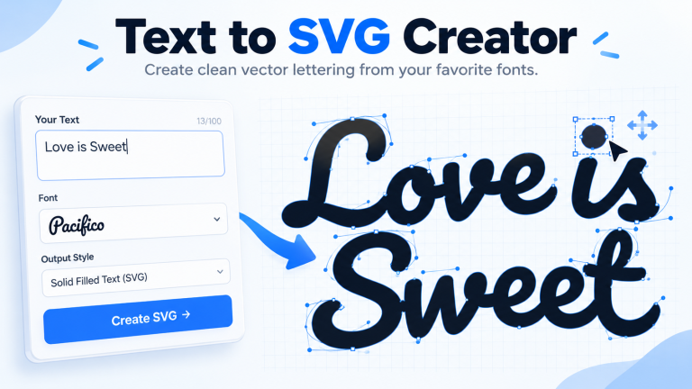 Text to SVG Creator utility interface showing script lettering converted into editable SVG vector paths