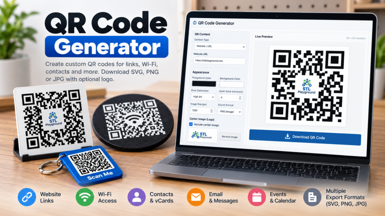Free QR code generator with customizable QR design, logo preview, and SVG, PNG and JPG export options