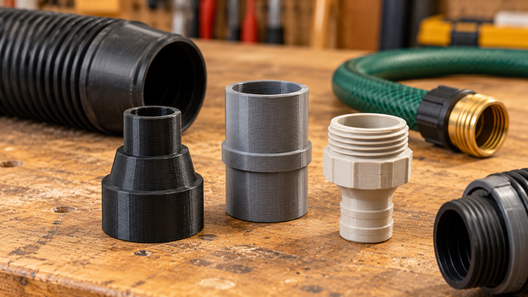 Custom 3D printed hose adapters for shop vac hoses and garden hose connections displayed on a workbench